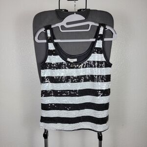 Deane Sequin Stripe Tank Top Black White Sleeveless Scoop Whimsigoth Women's XS